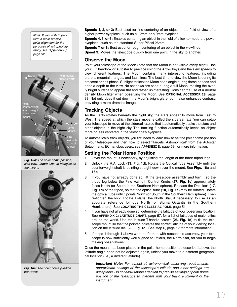 Observe the moon, Tracking objects, Setting the polar home position | Meade Instruments LXD 75 User Manual | Page 17 / 68