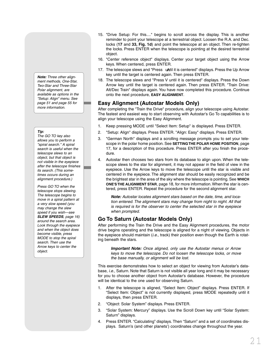 Easy alignment (autostar models only), Go to saturn (autostar models only) | Meade Instruments LXD 75 User Manual | Page 21 / 68