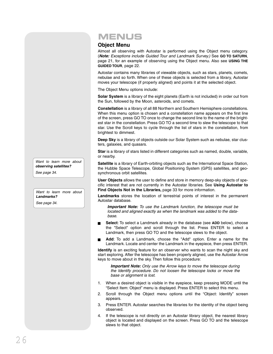 Menus, Object menu | Meade Instruments LXD 75 User Manual | Page 26 / 68