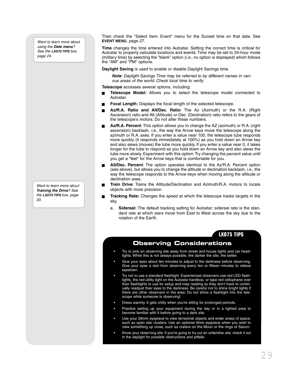 Lxd75 tips, Observing considerations | Meade Instruments LXD 75 User Manual | Page 29 / 68