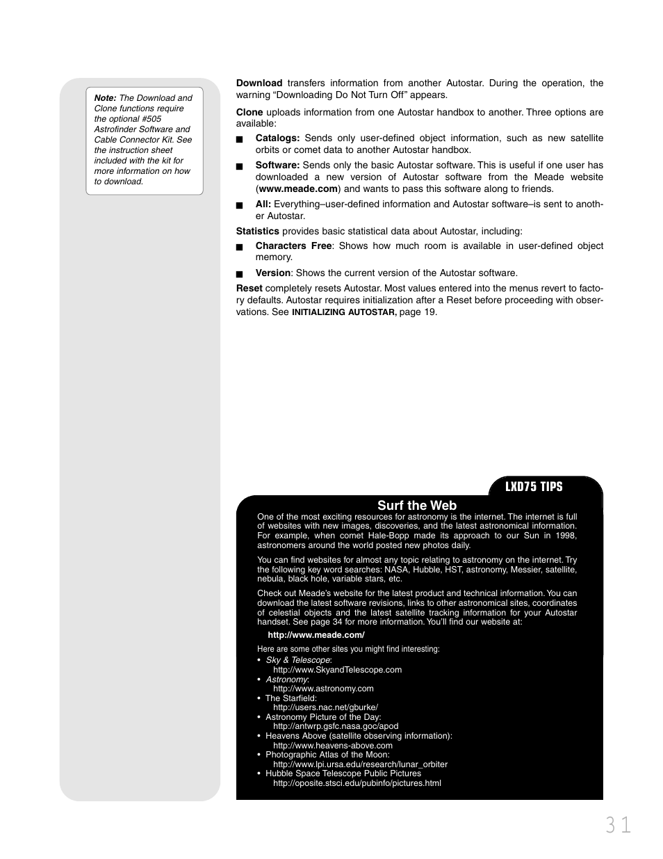 Surf the web, Lxd75 tips | Meade Instruments LXD 75 User Manual | Page 31 / 68