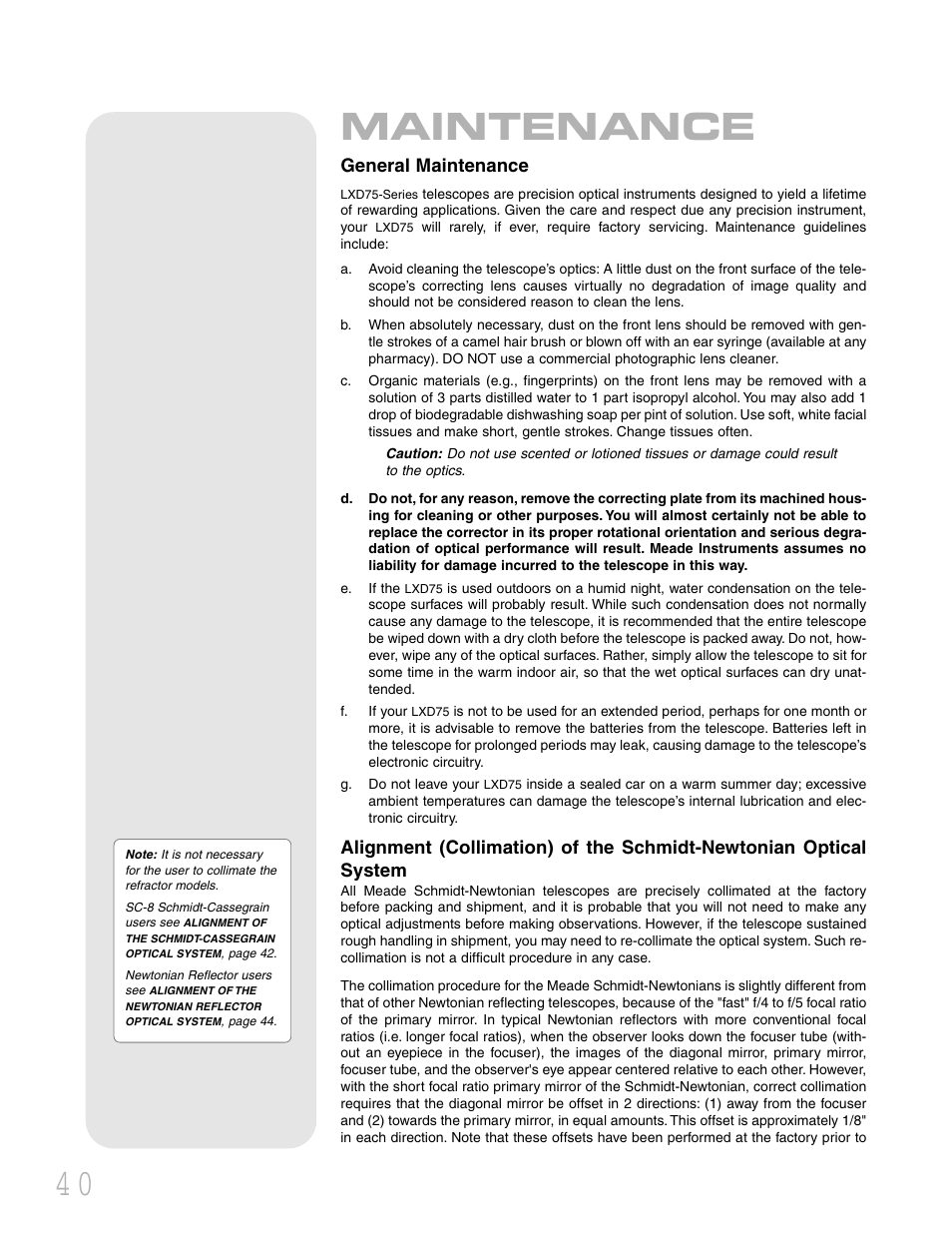 4 0 maintenance, General maintenance | Meade Instruments LXD 75 User Manual | Page 40 / 68