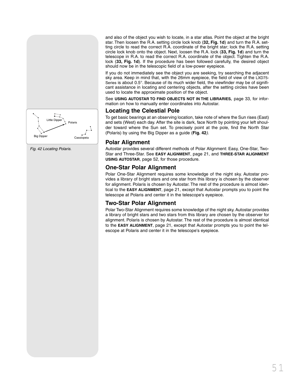 Locating the celestial pole, Polar alignment, One-star polar alignment | Two-star polar alignment | Meade Instruments LXD 75 User Manual | Page 51 / 68