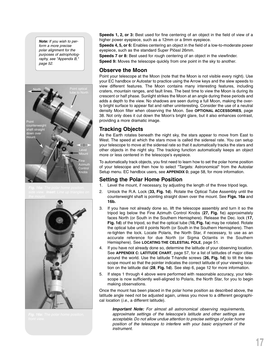 Observe the moon, Tracking objects, Setting the polar home position | Meade Instruments LXD75 User Manual | Page 17 / 67