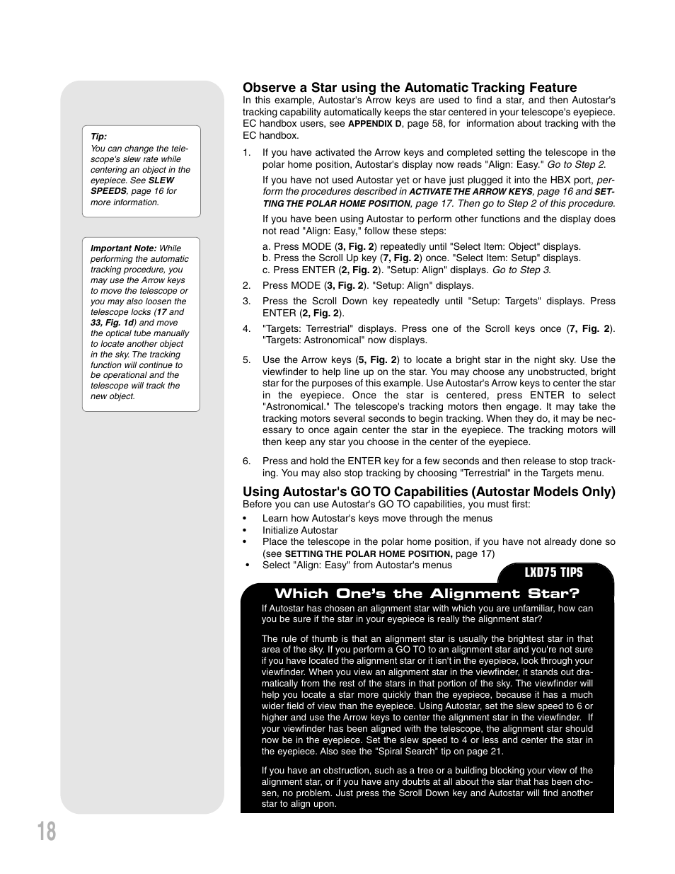 Which one’s the alignment star, Lxd75 tips | Meade Instruments LXD75 User Manual | Page 18 / 67