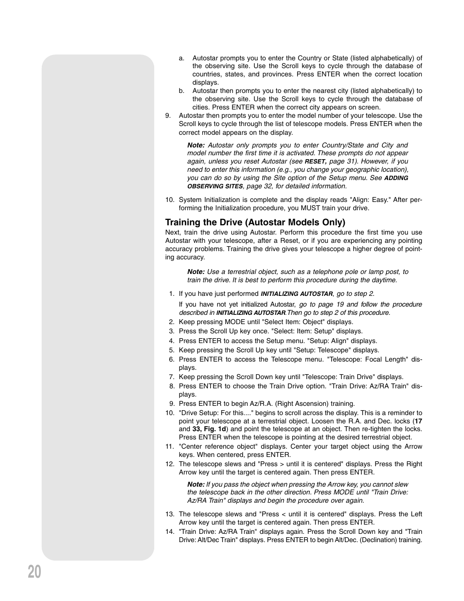 Training the drive (autostar models only) | Meade Instruments LXD75 User Manual | Page 20 / 67