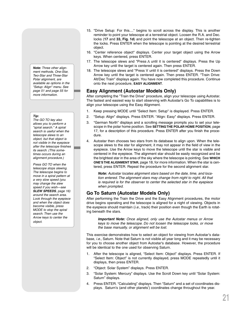 Easy alignment (autostar models only), Go to saturn (autostar models only) | Meade Instruments LXD75 User Manual | Page 21 / 67