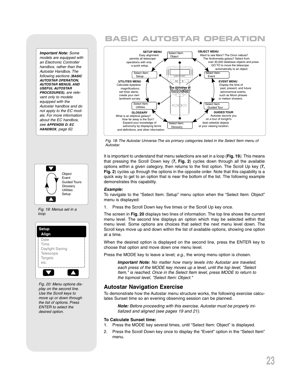 Basic autostar operation, Autostar navigation exercise, Autostar | Meade Instruments LXD75 User Manual | Page 23 / 67