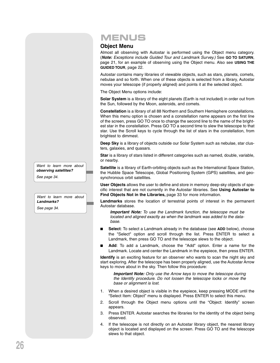 Menus, Object menu | Meade Instruments LXD75 User Manual | Page 26 / 67