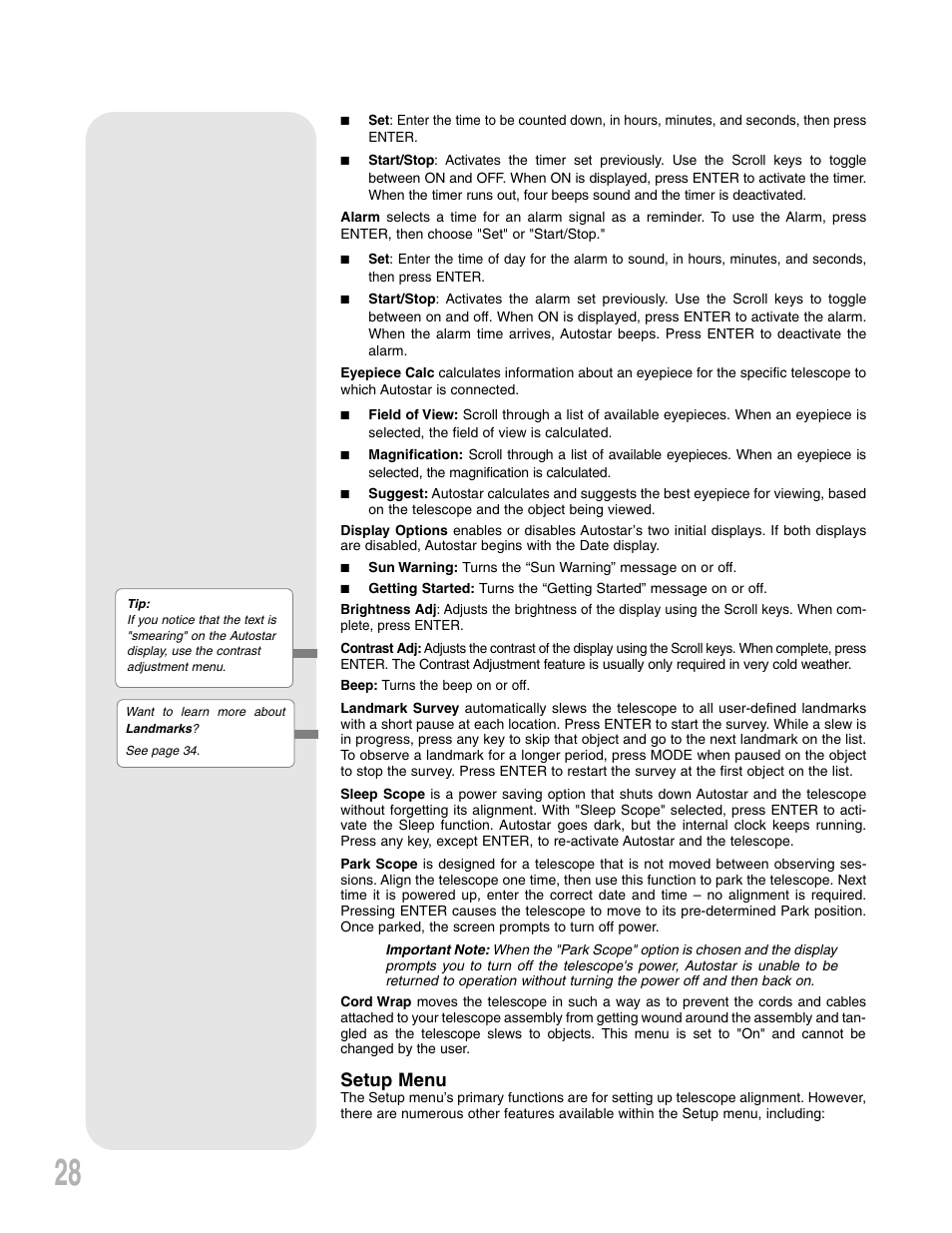 Setup menu | Meade Instruments LXD75 User Manual | Page 28 / 67