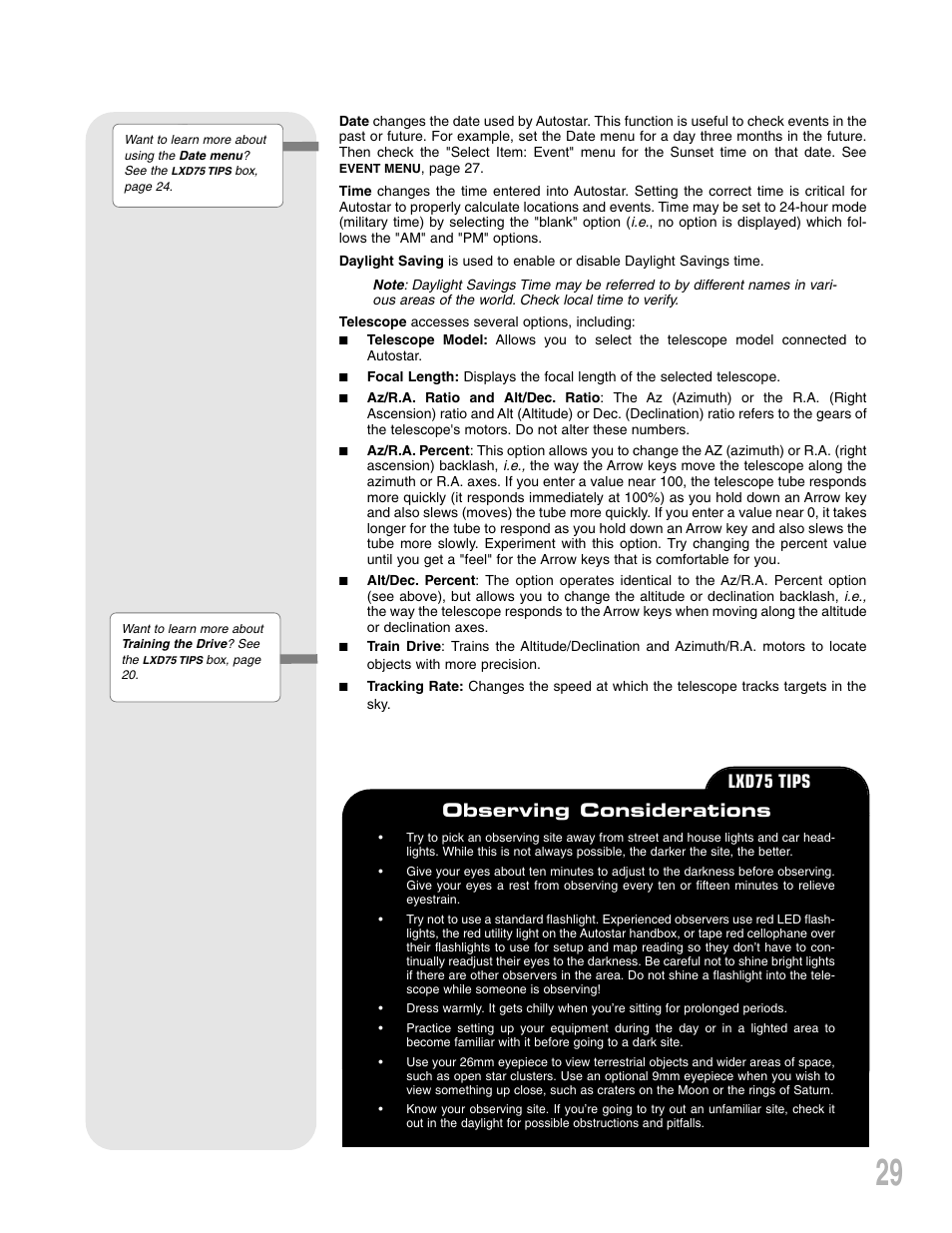 Lxd75 tips, Observing considerations | Meade Instruments LXD75 User Manual | Page 29 / 67