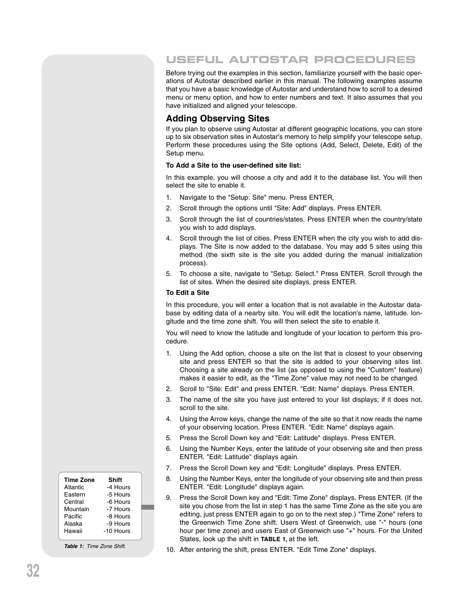 Useful autostar procedures, Adding observing sites | Meade Instruments LXD75 User Manual | Page 32 / 67