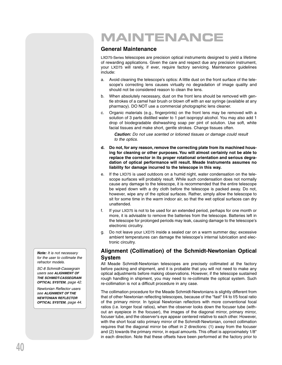 40 maintenance, General maintenance | Meade Instruments LXD75 User Manual | Page 40 / 67