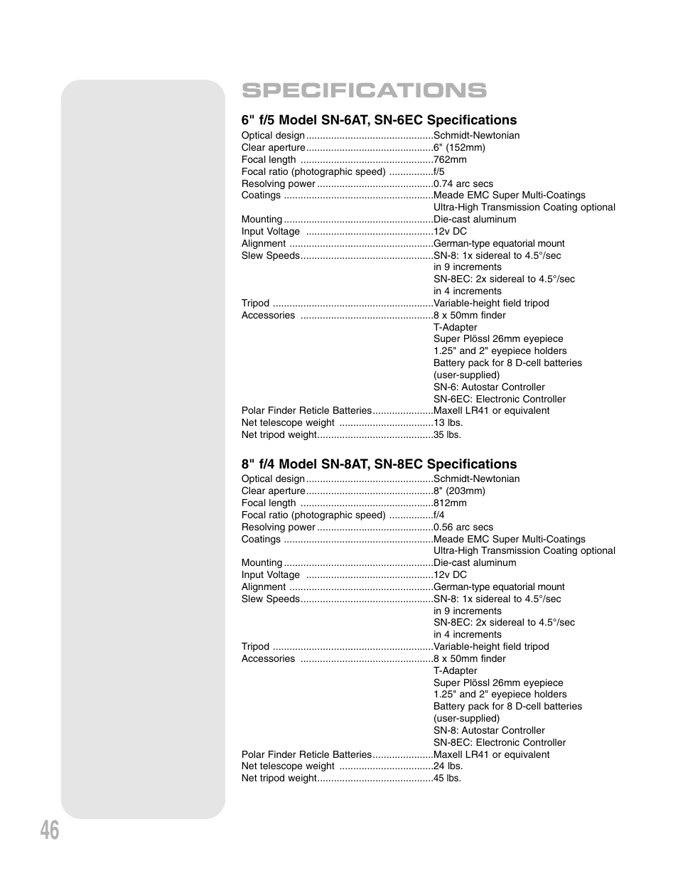 Specifications | Meade Instruments LXD75 User Manual | Page 46 / 67