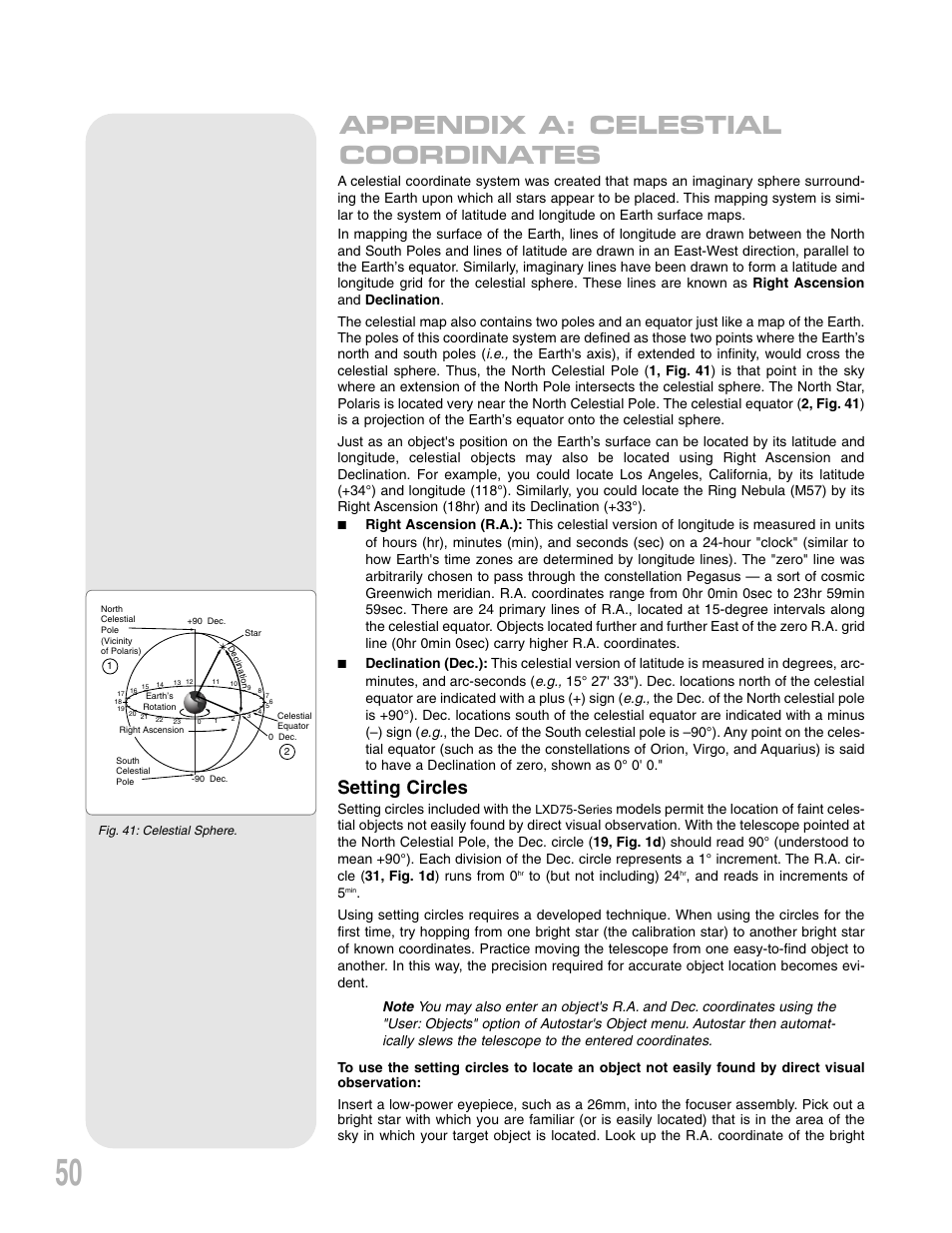 Appendix a: celestial coordinates, Setting circles, Setting circles included with the | And reads in increments of 5 | Meade Instruments LXD75 User Manual | Page 50 / 67