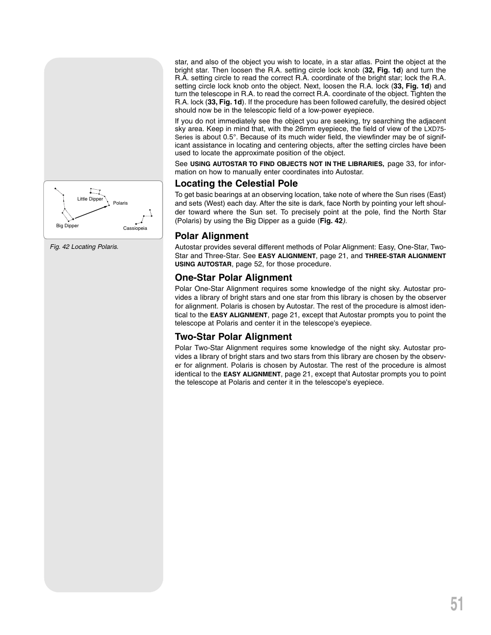 Locating the celestial pole, Polar alignment, One-star polar alignment | Two-star polar alignment | Meade Instruments LXD75 User Manual | Page 51 / 67