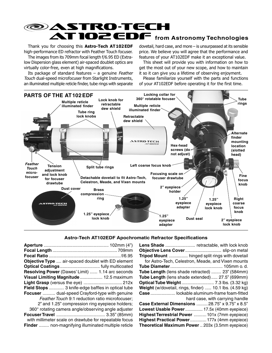 Meade Instruments Astro-Tech AT102EDF User Manual | 2 pages