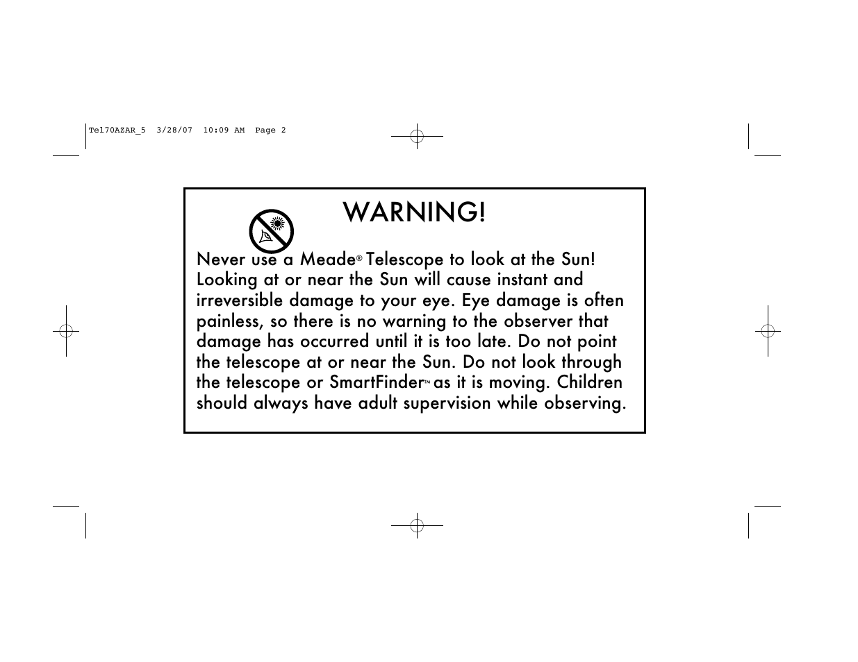 Warning | Meade Instruments 70AZ-AR User Manual | Page 2 / 20