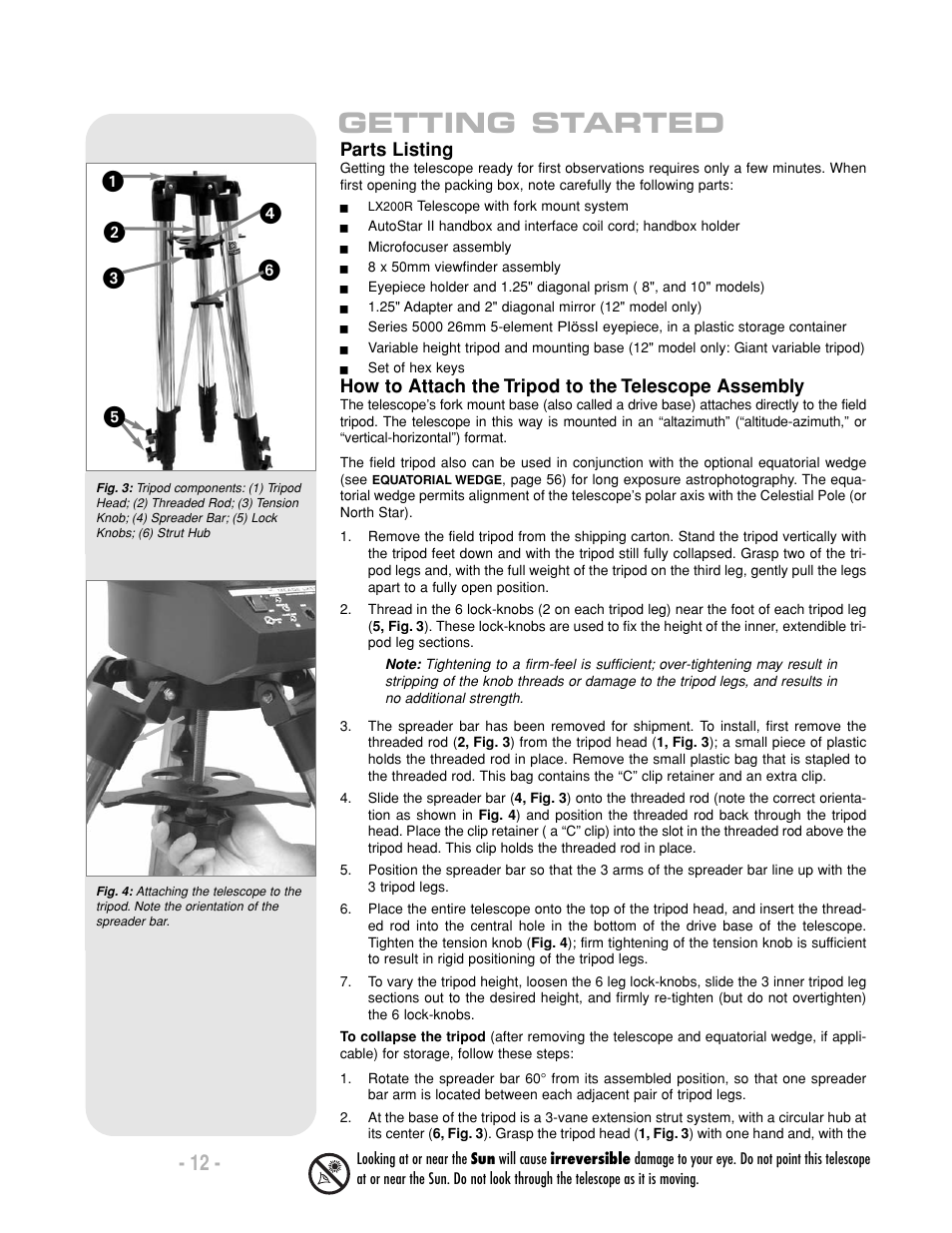 Getting started, Parts listing, How to attach the tripod to the telescope assembly | Meade Instruments LX200-R User Manual | Page 12 / 76