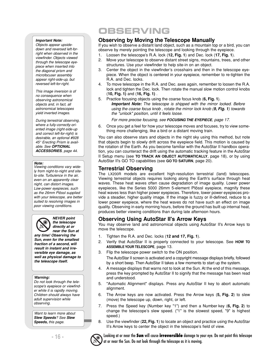 Observing, Observing by moving the telescope manually, Terrestrial observing | Observing using autostar ii's arrow keys | Meade Instruments LX200-R User Manual | Page 16 / 76