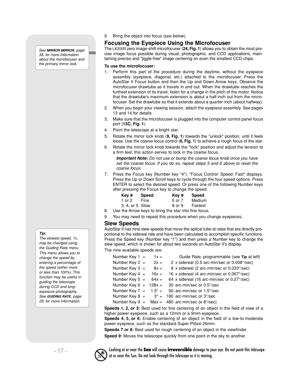 Focusing the eyepiece using the microfocuser, Slew speeds | Meade Instruments LX200-R User Manual | Page 17 / 76