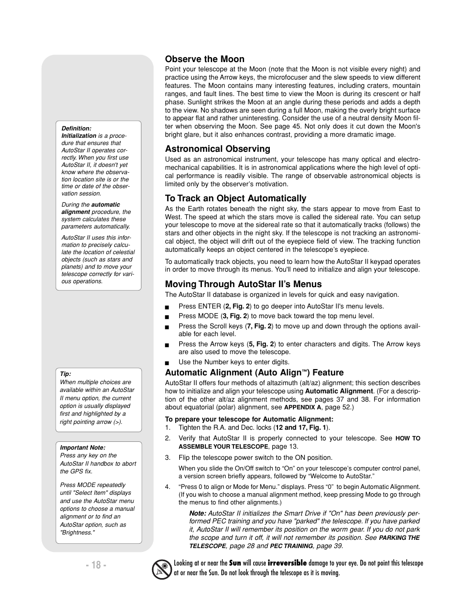 Observe the moon, Astronomical observing, Moving through autostar ii’s menus | Automatic alignment (auto align, Feature | Meade Instruments LX200-R User Manual | Page 18 / 76