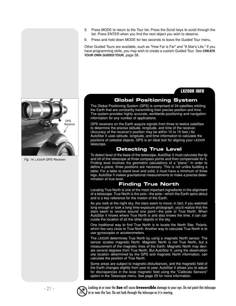 The global positioning system, Detecting true level, Finding true north | Lx200r info | Meade Instruments LX200-R User Manual | Page 21 / 76