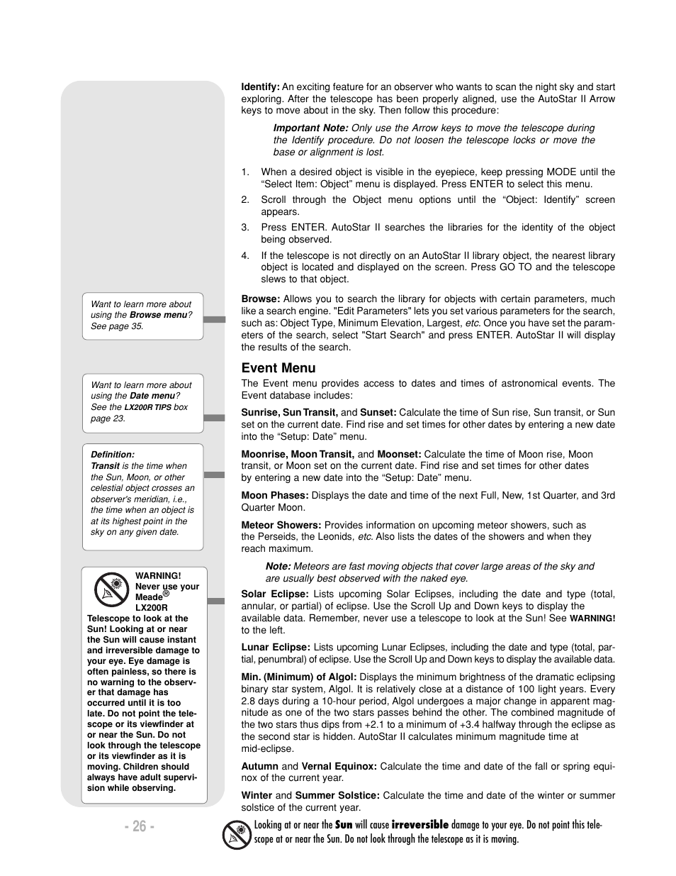 Event menu | Meade Instruments LX200-R User Manual | Page 26 / 76
