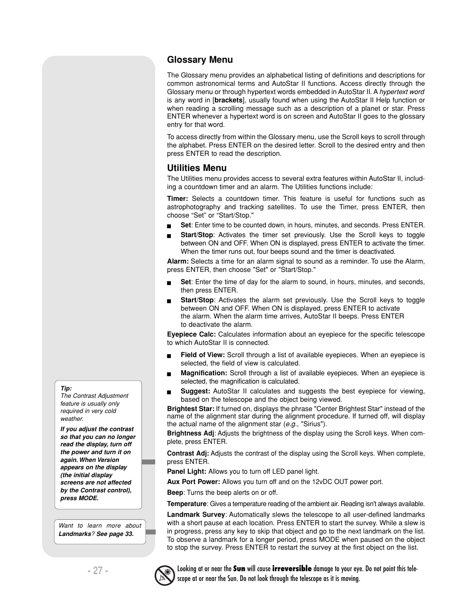 Glossary menu, Utilities menu | Meade Instruments LX200-R User Manual | Page 27 / 76
