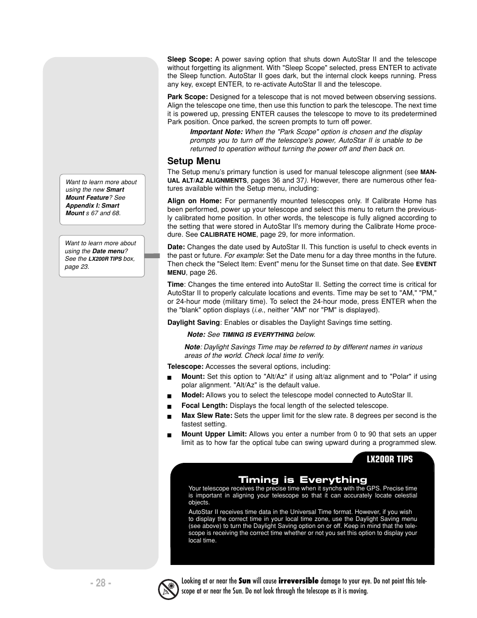 Setup menu, Timing is everything, Lx200r tips | Meade Instruments LX200-R User Manual | Page 28 / 76