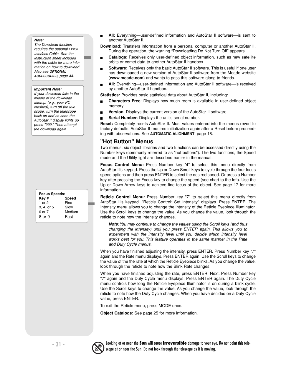 Hot button" menus | Meade Instruments LX200-R User Manual | Page 31 / 76