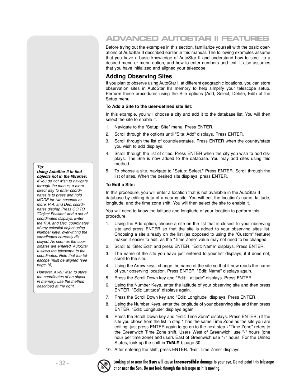 Advanced autostar ii features, Adding observing sites | Meade Instruments LX200-R User Manual | Page 32 / 76