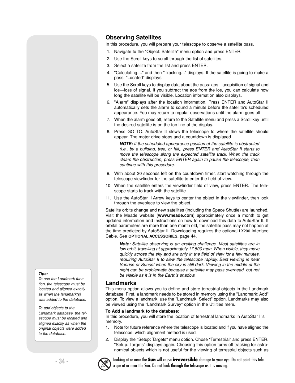 Observing satellites, Landmarks | Meade Instruments LX200-R User Manual | Page 34 / 76