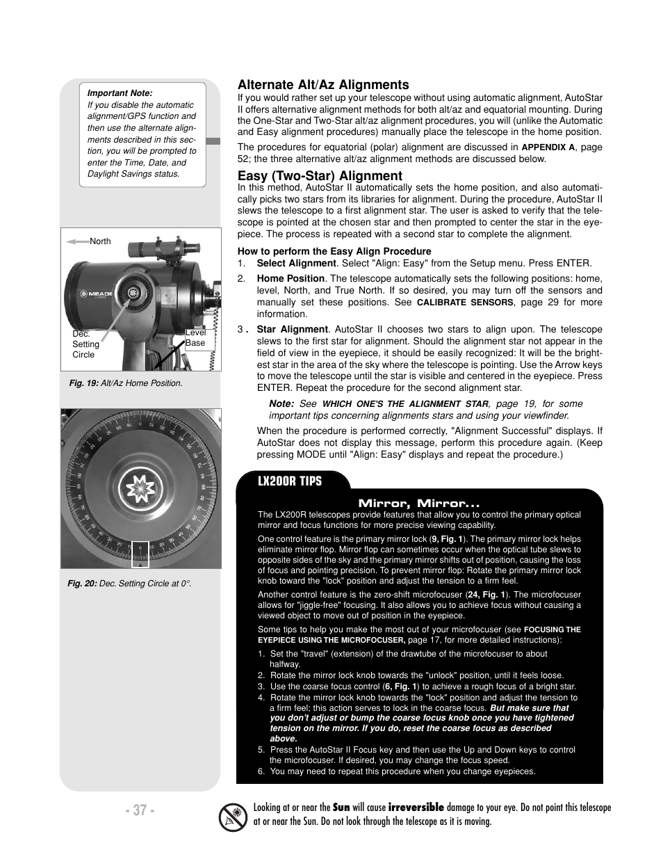 Alternate alt/az alignments, Easy (two-star) alignment, Lx200r tips | Meade Instruments LX200-R User Manual | Page 37 / 76