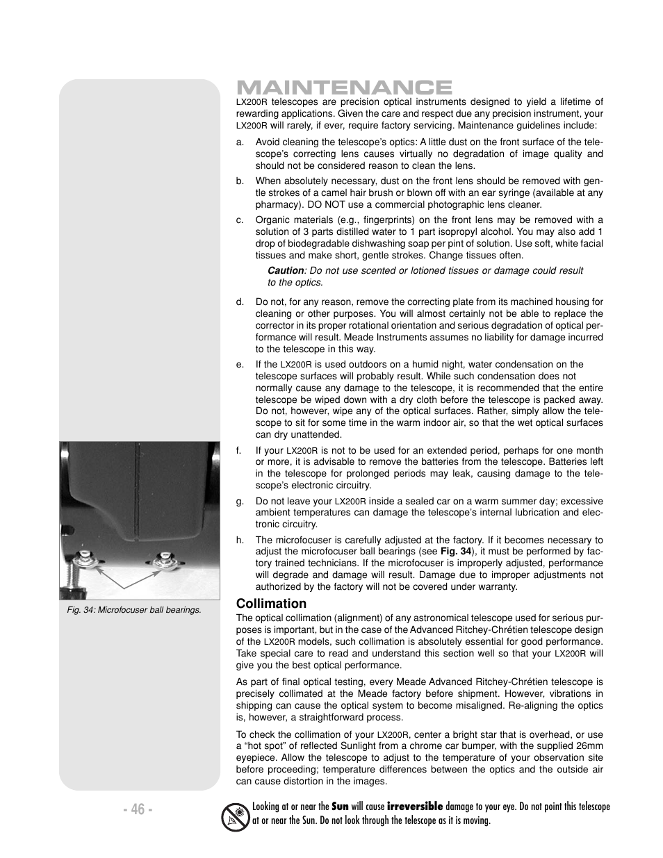 Maintenance, Collimation | Meade Instruments LX200-R User Manual | Page 46 / 76