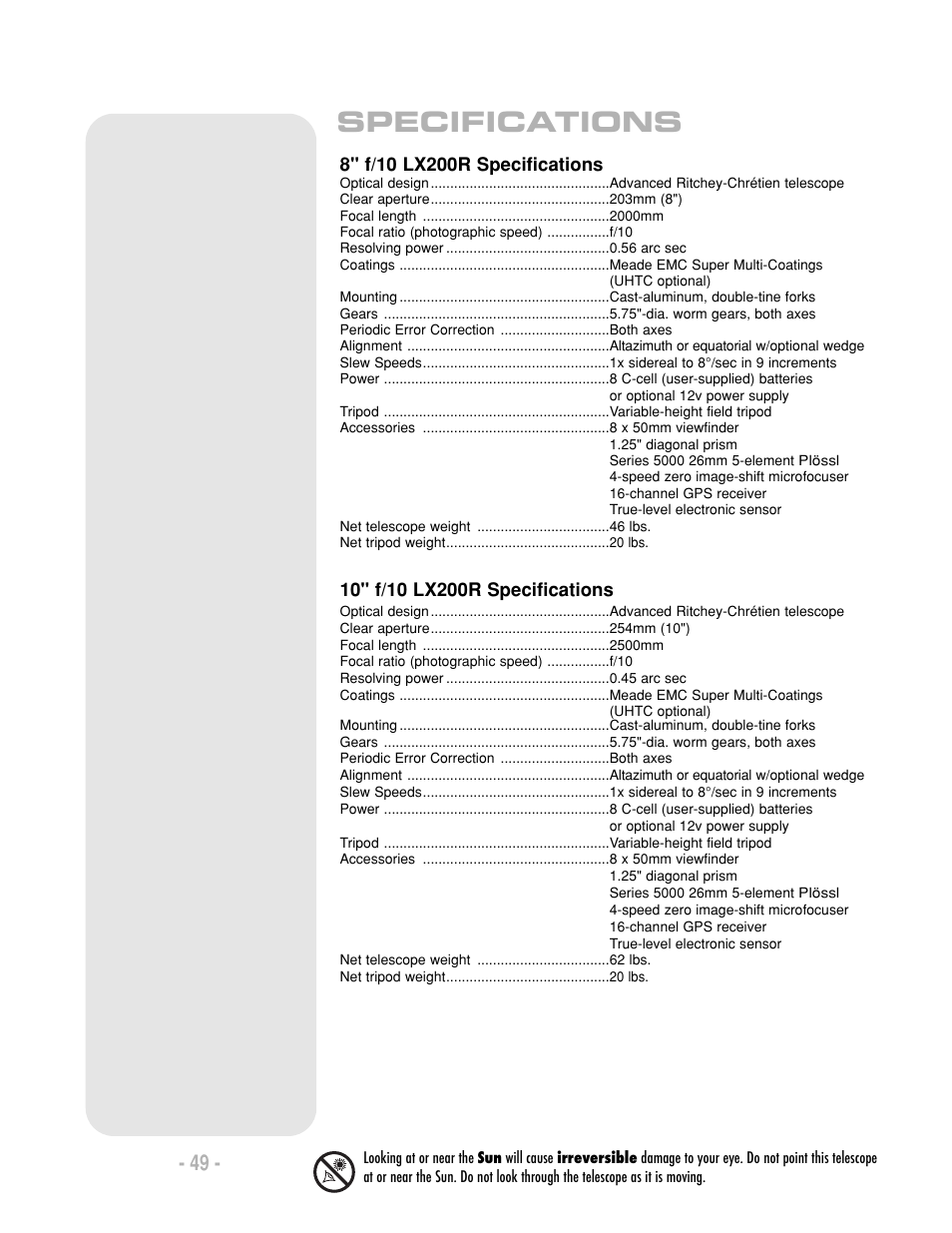 Specifications | Meade Instruments LX200-R User Manual | Page 49 / 76
