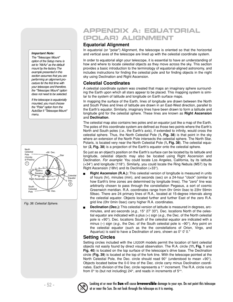 Appendix a: equatorial (polar) alignment, Equatorial alignment, Celestial coordinates | Setting circles, Setting circles included with the, And reads in increments of 5 | Meade Instruments LX200-R User Manual | Page 52 / 76
