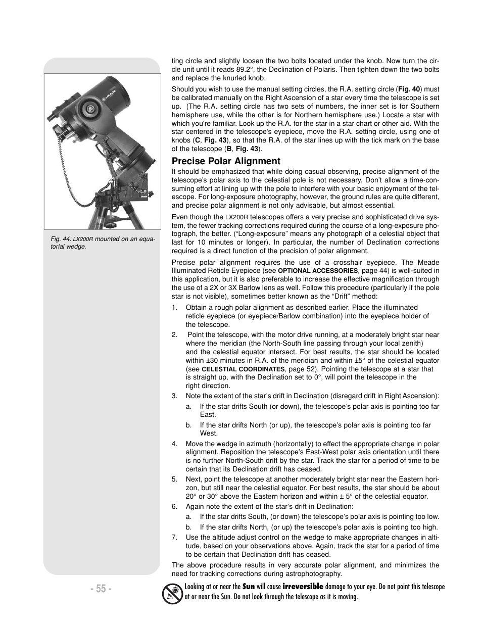 Precise polar alignment | Meade Instruments LX200-R User Manual | Page 55 / 76