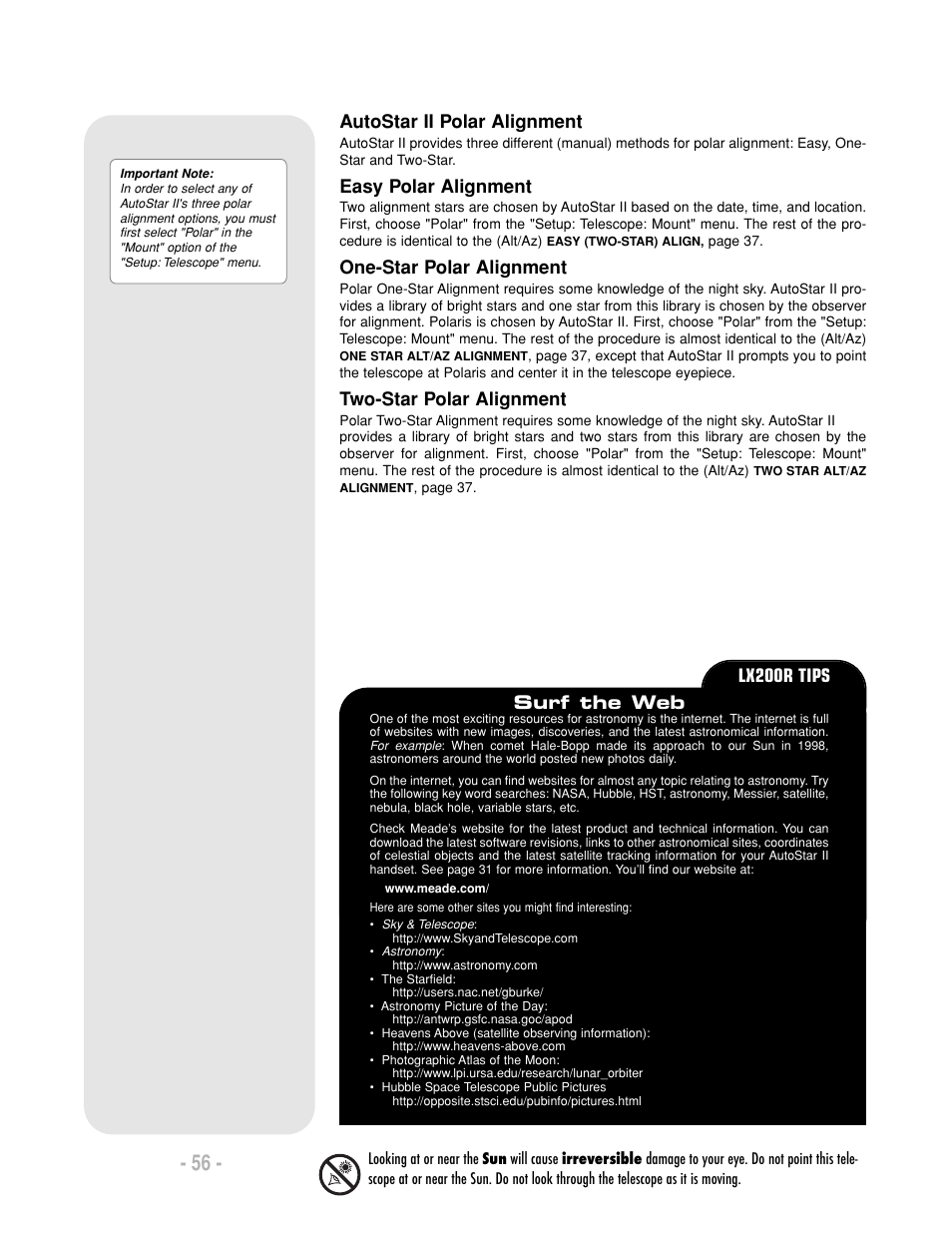 Autostar ii polar alignment, Easy polar alignment, One-star polar alignment | Two-star polar alignment, Surf the web, Lx200r tips | Meade Instruments LX200-R User Manual | Page 56 / 76