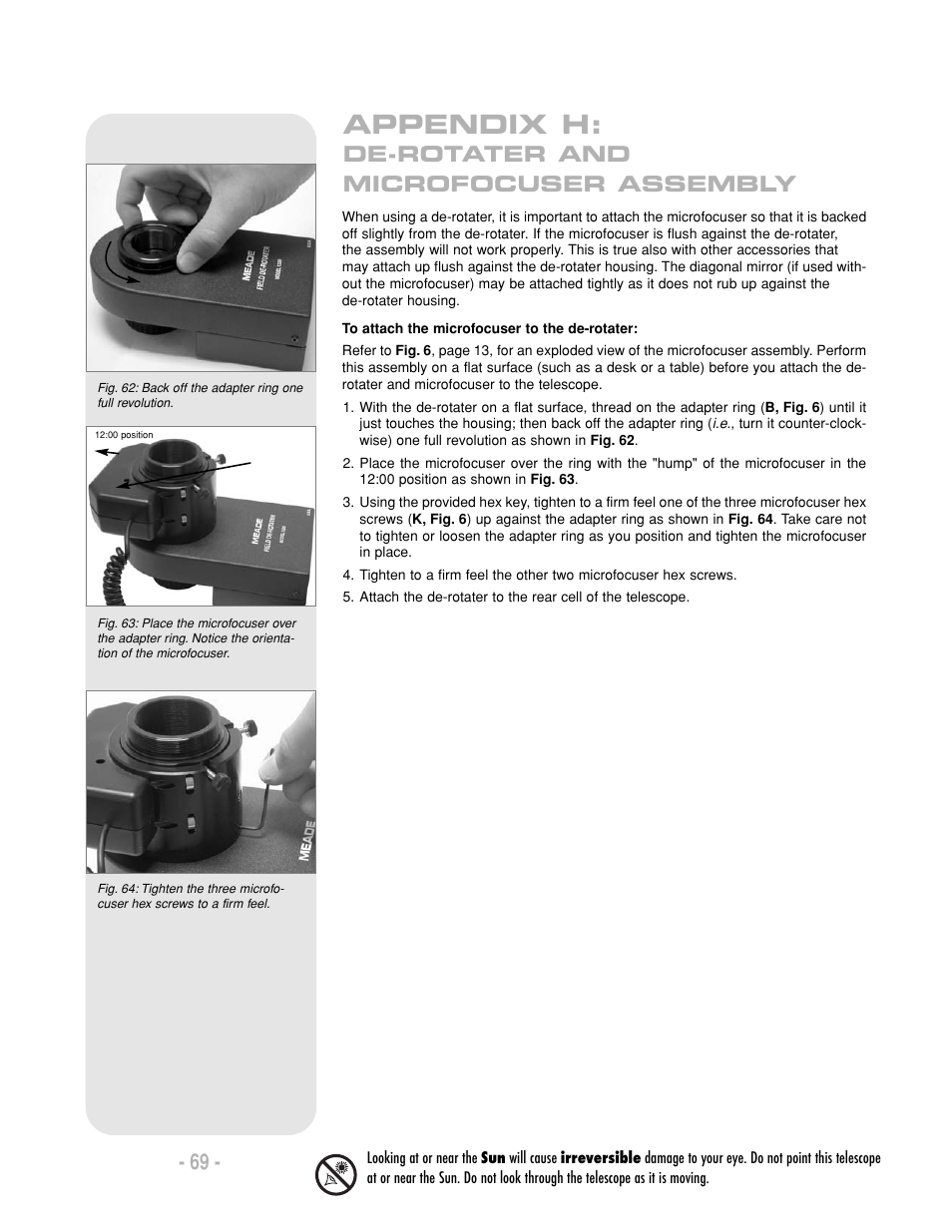 Appendix h, De-rotater and microfocuser assembly | Meade Instruments LX200-R User Manual | Page 69 / 76