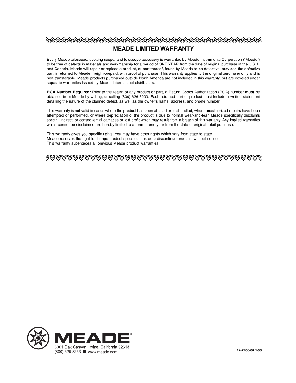 Meade limited warranty | Meade Instruments LX200-R User Manual | Page 76 / 76