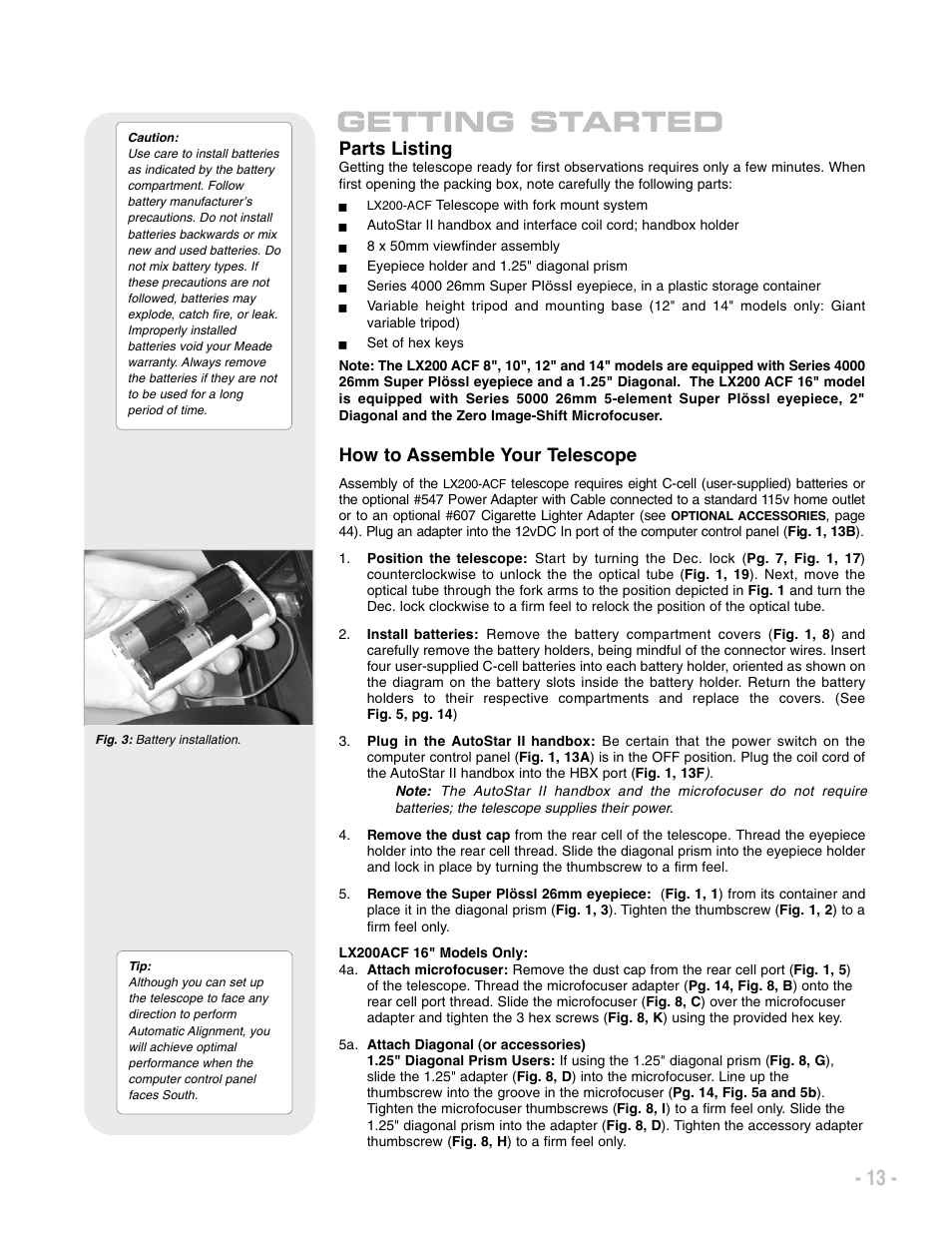 Getting started, Parts listing, How to assemble your telescope | Meade Instruments LX200 ACF User Manual | Page 13 / 76