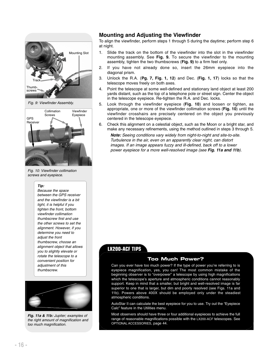 Mounting and adjusting the viewfinder, Lx200-acf tips | Meade Instruments LX200 ACF User Manual | Page 16 / 76