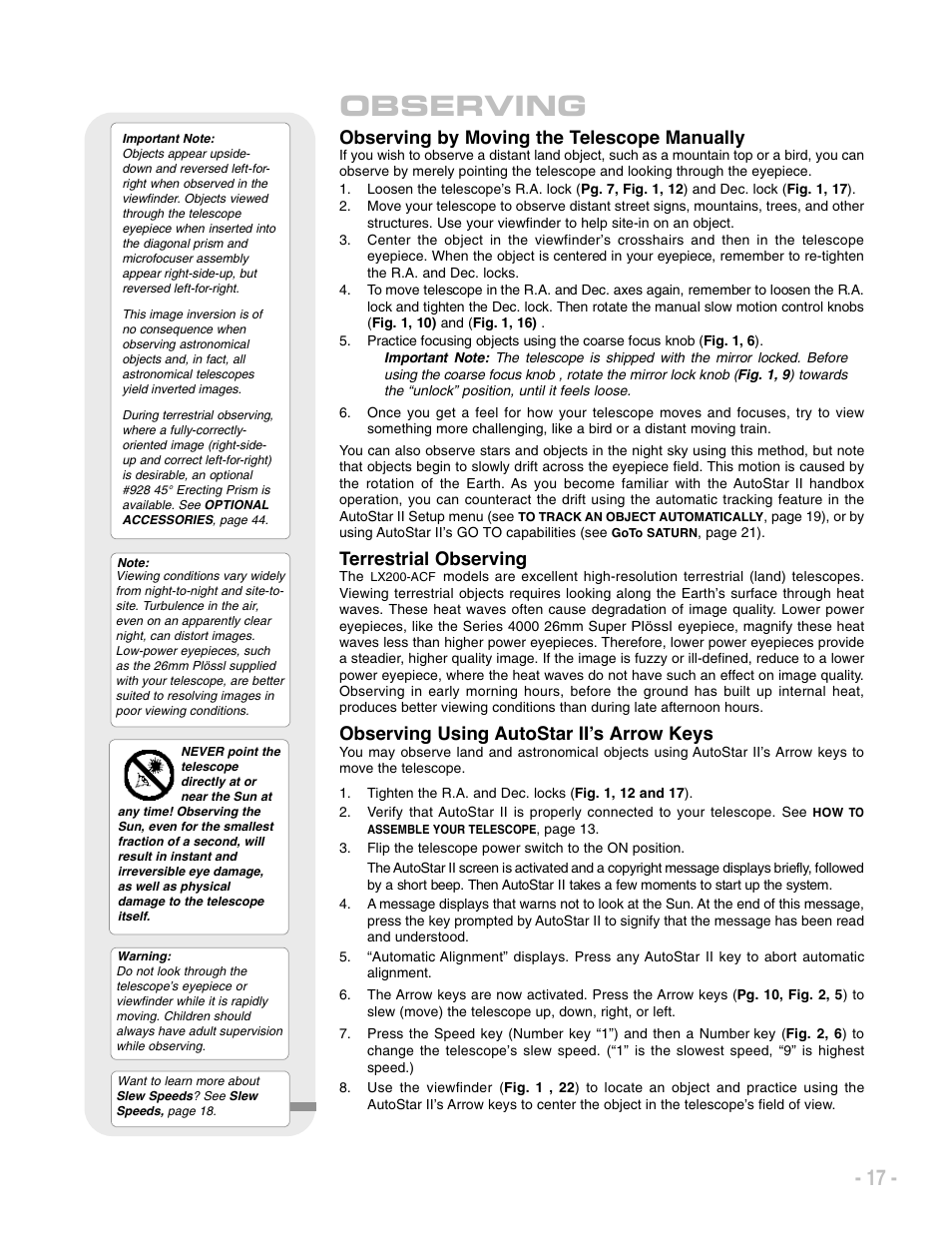 Observing, Observing by moving the telescope manually, Terrestrial observing | Observing using autostar ii’s arrow keys | Meade Instruments LX200 ACF User Manual | Page 17 / 76