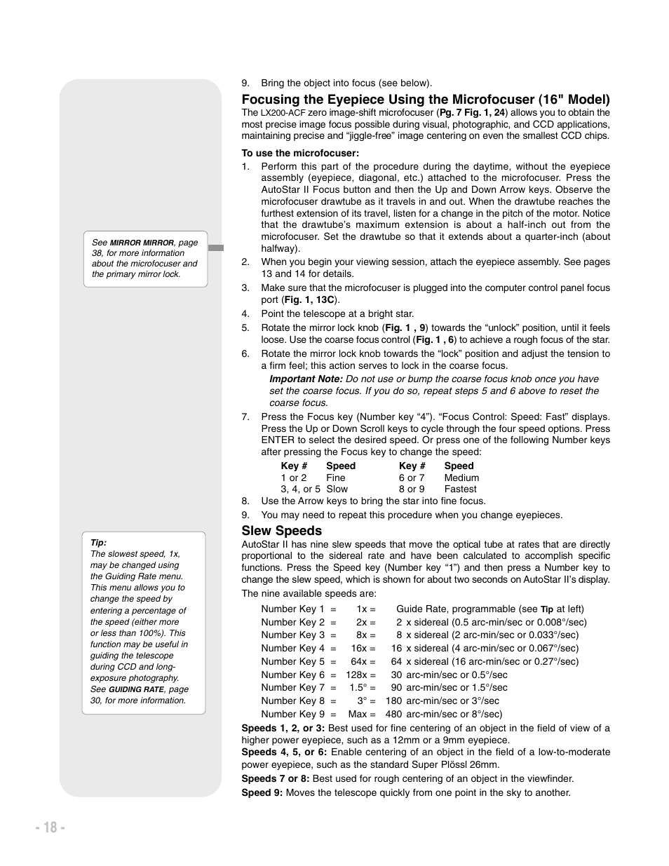 Slew speeds | Meade Instruments LX200 ACF User Manual | Page 18 / 76