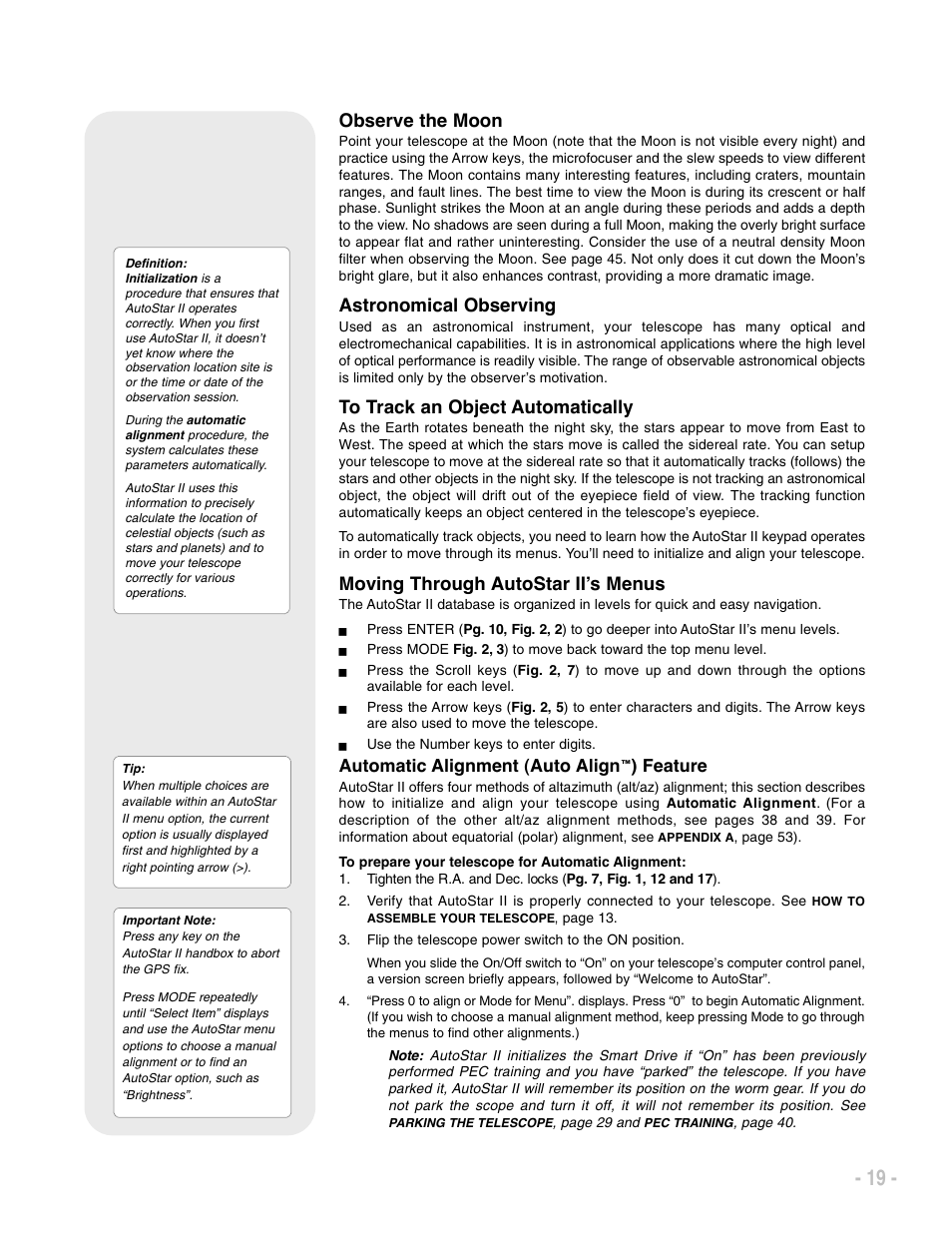 Observe the moon, Astronomical observing, Moving through autostar ii’s menus | Automatic alignment (auto align, Feature | Meade Instruments LX200 ACF User Manual | Page 19 / 76