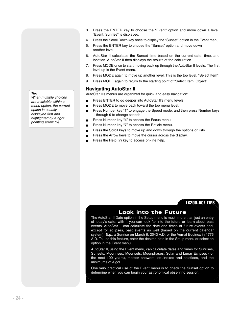 Navigating autostar ii, Look into the future, Lx200-acf tips | Meade Instruments LX200 ACF User Manual | Page 24 / 76