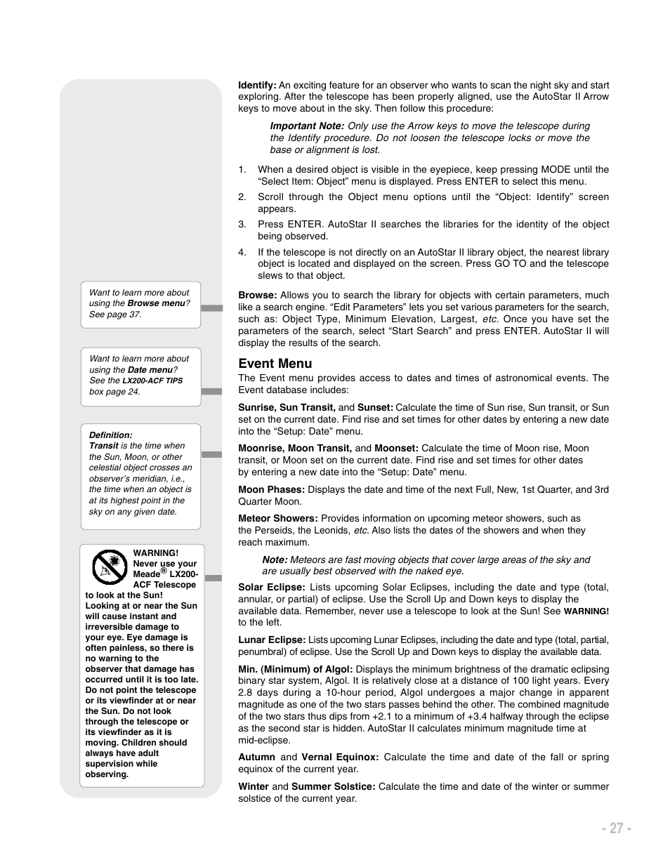 Event menu | Meade Instruments LX200 ACF User Manual | Page 27 / 76