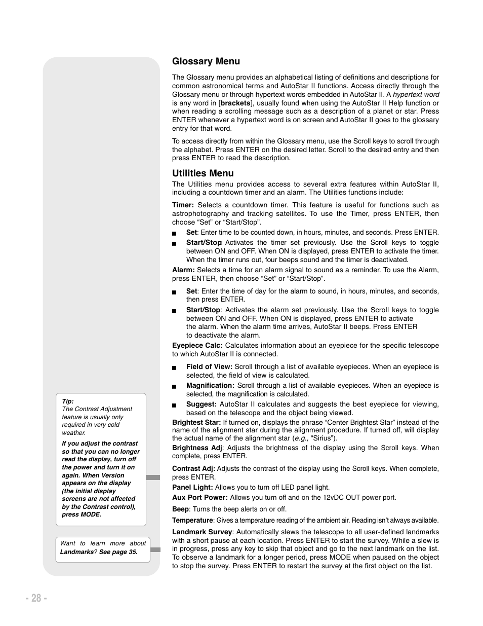 Glossary menu, Utilities menu | Meade Instruments LX200 ACF User Manual | Page 28 / 76
