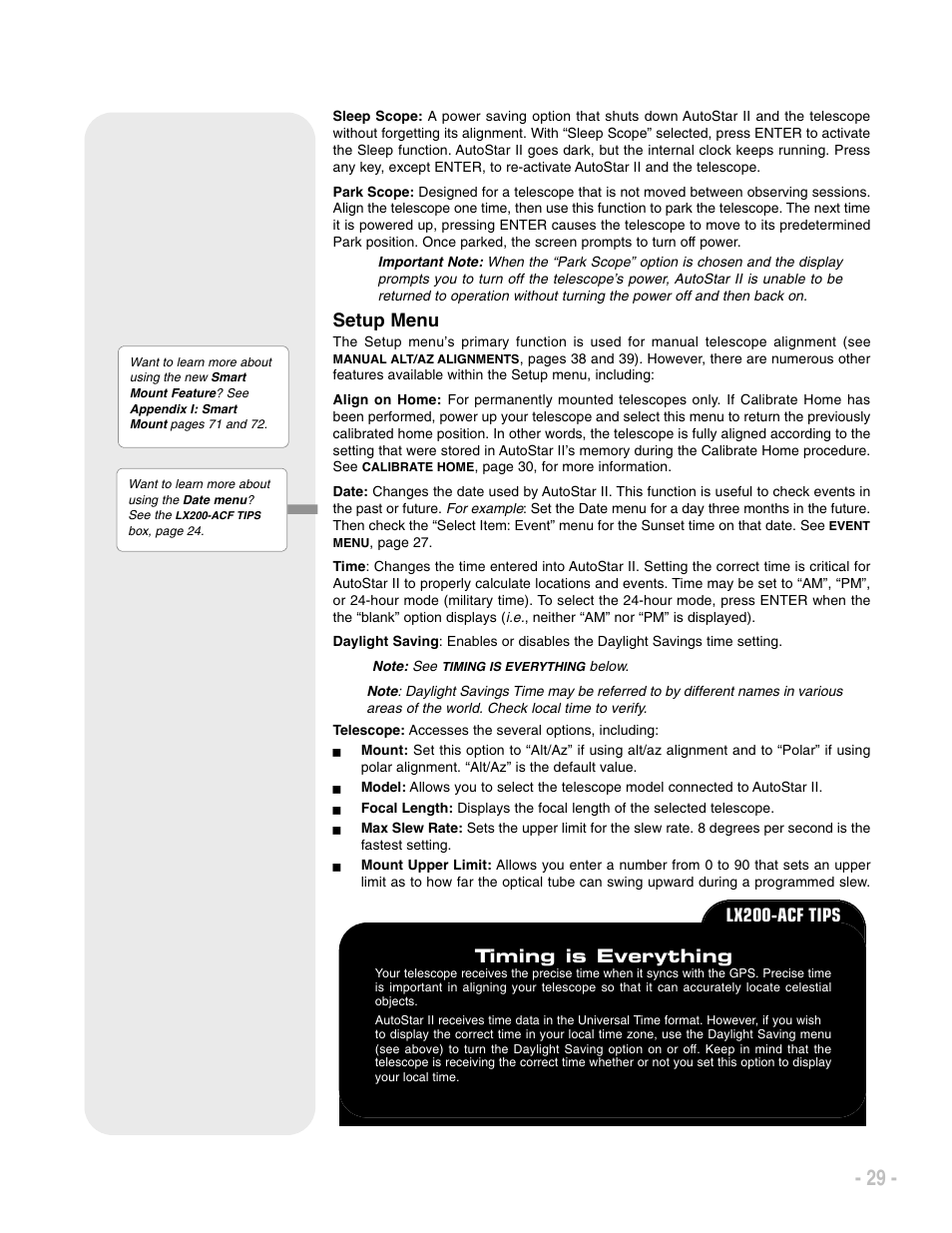 Setup menu, Timing is everything, Lx200-acf tips | Meade Instruments LX200 ACF User Manual | Page 29 / 76